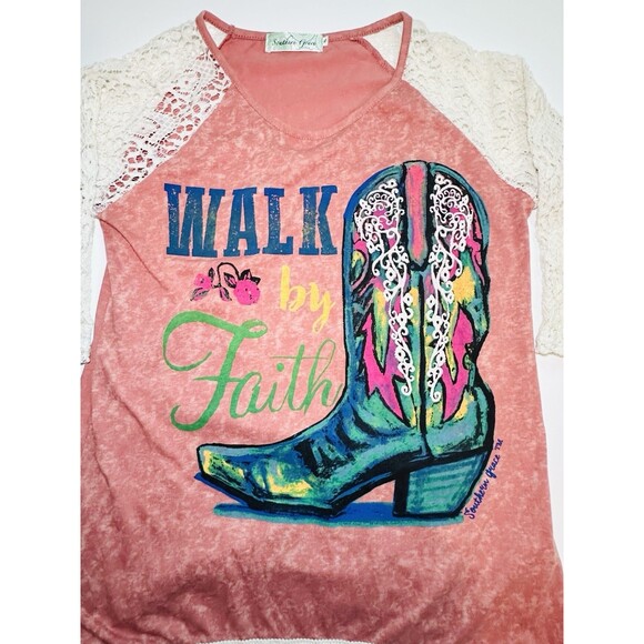 Southern Grace Walk By Faith Cowboy Boot Coral Pink Crochet Shirt Women's SMALL - Picture 7 of 13